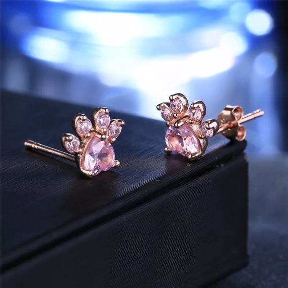 Rose Gold Pink CZ Paw Print Stud Earrings - Picture 2 of 7